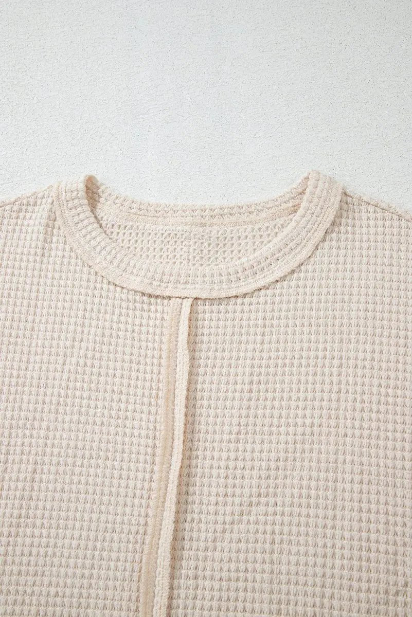 Pale Khaki Solid Color Textured Seamed Short Sleeve Top - Love Salve